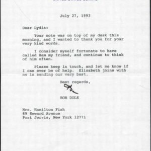 Autographs Bob Dole 1993 Signed typed letter on Senate stationery