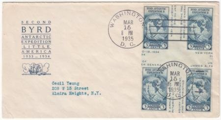 US  1935 FDC with 768a, Cross Gutter Block on Monarch Sized Cacheted Cover