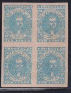 US Confederates #2a Hinged/LH Mint  VF Light blue block left fresh OG top right disturbed OG thin very fresh  Cat Value: $1750