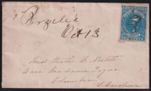 US Confederates #26  Paterson 4 Margins on small envelope Berzilla, GA to Columbia, SC Rare small tear Cat Value: $445