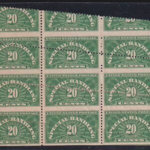 US Parcel Post #QE3  Big diagonal misperf block of 9= from LL corner of sheet Bottom stamps sp[lit with BEP Pink printed paper splice