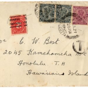 India 1927 Cover Calcutta to Hawaii, 2c Postage Due