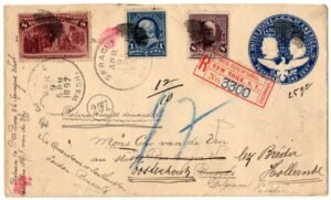 US 1897 Registered Cover NY with Label to Sprague, WA Sent to Belgium, Forwarded to Holland