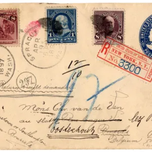US 1897 Registered Cover NY with Label to Sprague, WA Sent to Belgium, Forwarded to Holland