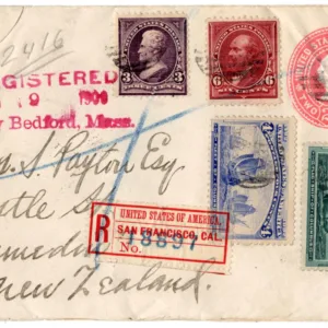 US 1900 Registered Cover New Bedford , MA to New Zealand F-VF