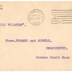 US 1903 Cover New York to Swakopmund, German So. Africa XF