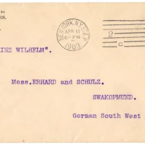 US 1903 Cover New York to Swakopmund, German So. Africa XF