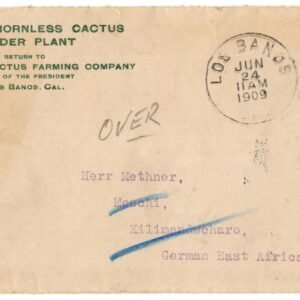 US 1909 Cover from Los Banos, CA to German East Africa, Cactus Farming Corner Card F-VF
