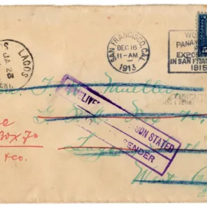 US 1913 Cover from San Francisco to Lagos, Nigeria with 5c Pan Pacific
