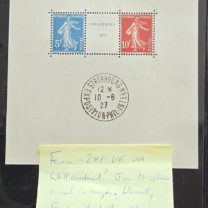 France #241 Mint souvenir sheet; show cancel in margin/NH VF