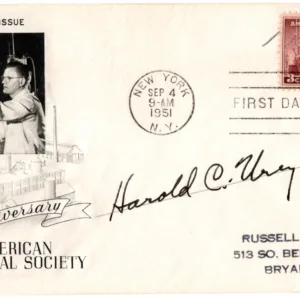 US 1952 #1002 FDC Signed by Harold C. Urey, 1934 Noble Prize in Chemistry