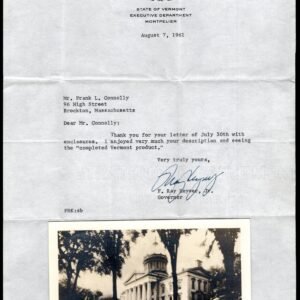 1961 Letter Signed by Governor F. Ray Keyser, Jr of VT