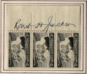 US 956 Strip of 3 Signed by Robert H. Jackson, Justice of the Supreme Court