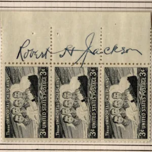 US 956 Strip of 3 Signed by Robert H. Jackson, Justice of the Supreme Court