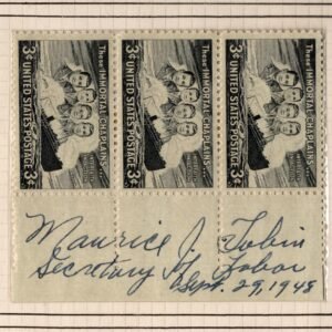 US 956 Strip of 3 Signed by Maurice J. Tobin, Sec. of Labor