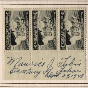US 956 Strip of 3 Signed by Maurice J. Tobin, Sec. of Labor