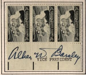 US 956 Strip of 3 Signed by Allen W. Barkley, Vice President
