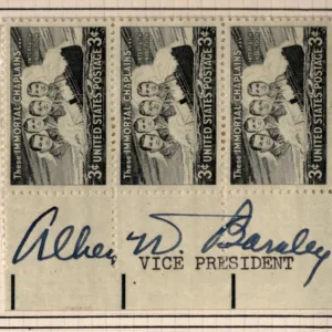 US 956 Strip of 3 Signed by Allen W. Barkley, Vice President