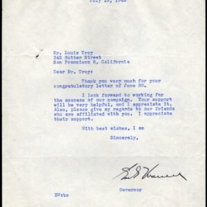 US 1948 Latter Signed by Gov. Earl Warren of CA