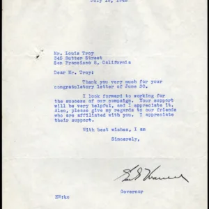 US 1948 Latter Signed by Gov. Earl Warren of CA