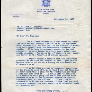 US 1935 Letter Signed by Herbert H. Lehman, Governor