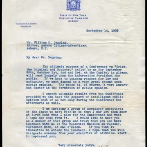 US 1935 Letter Signed by Herbert H. Lehman, Governor