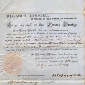 US 1852 Gov. William B. Campbell Signed Official Handwritten Legal Document