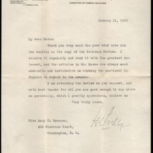 US 1920 Letter Signed Henry Cabot Lodge, Senator